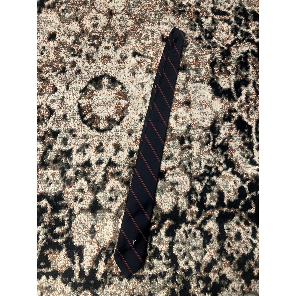 Yves Saint Laurent Mens Silk Tie Navy Blue Red White Striped YSL Monogram Logo